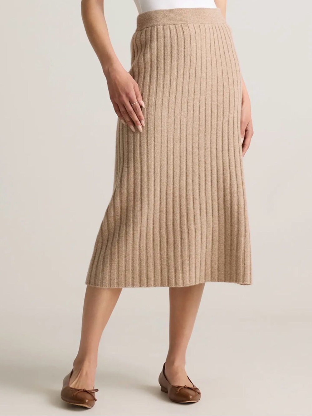 QUINCE - Mongolian Cashmere Midi Skirt  Ribbed A-Line Knit Skirt - Oatmeal color